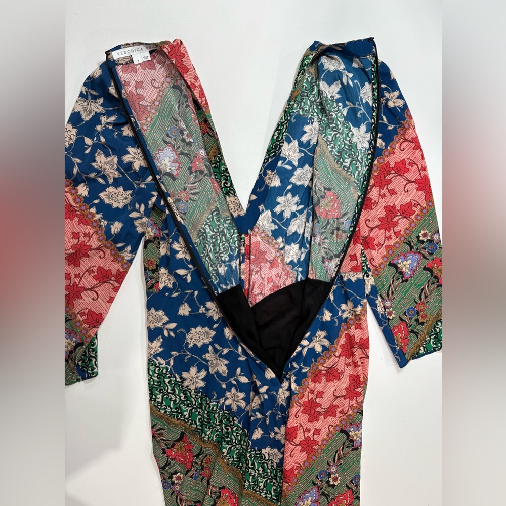 Veronica Beard Mary Ruched Patchwork 3/4 Sleeve Silk Blend Midi Dress - Picture 10 of 15